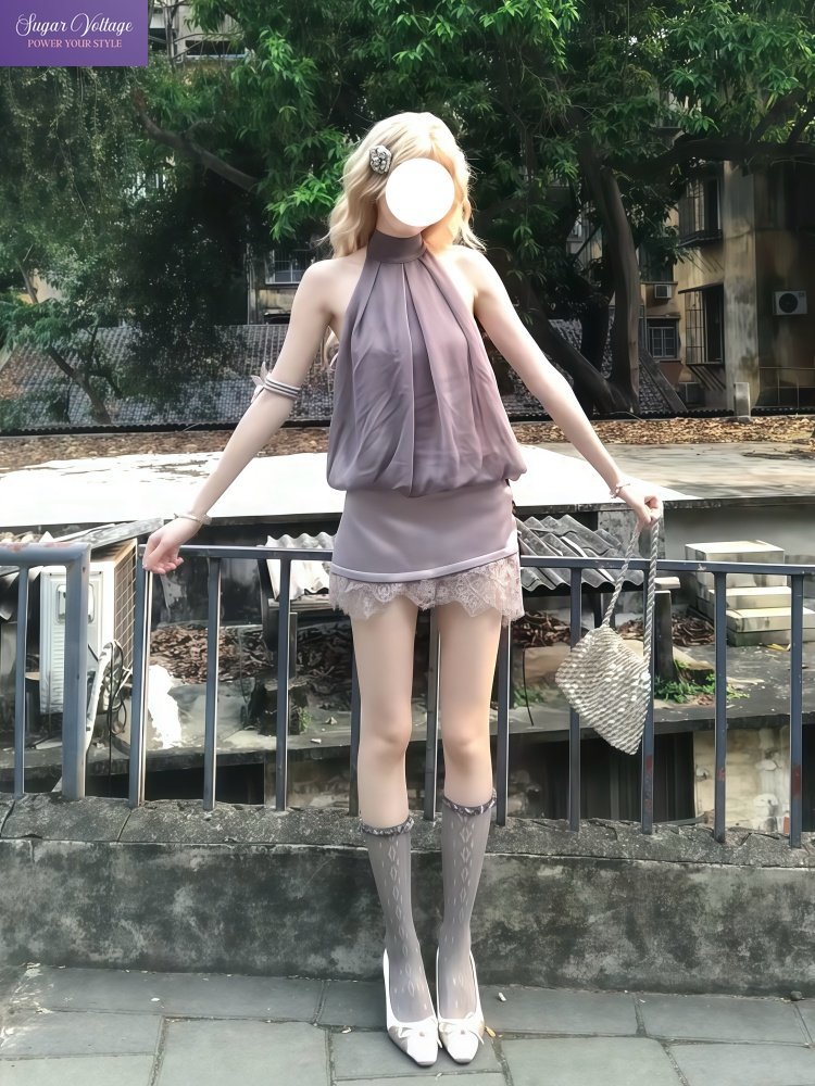 Lace Ribbon Trim - スイートロリータ2ピースセット レディース ホルターネック レーストリム シフォンリボン ハイウエストスカート