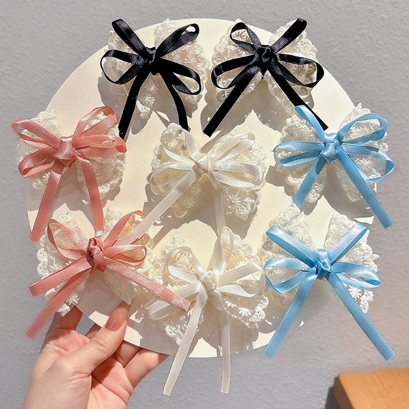 Lace Ribbon Trim - 2 個エレガントなレースの弓ヘアピン女性のファッション赤いリボン白花柄旅行カジュアルヘアアクセサリーエレガントなヘアクリップ