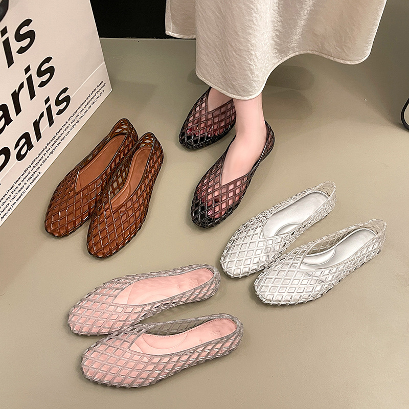 Crystal Mesh Fabric - omens 夏用フラットゼリーサンダル フィッシュネット 中空ポインテッドトゥ スリッポンシューズ 快適で通気性のあるクリスタル