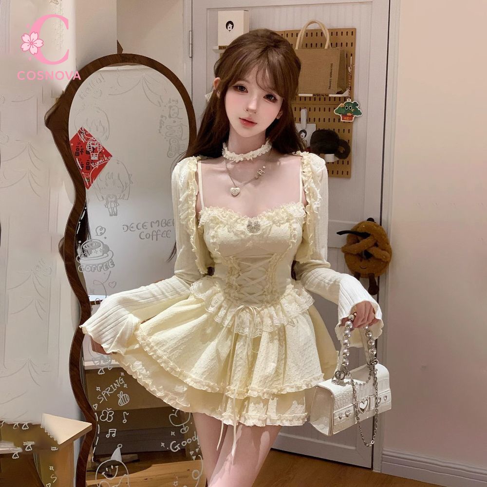 Elastic Lace Trim - スイートロリータキャミソールドレスセット レディース レーストリム パフスリーブ ハイウエスト コルセット