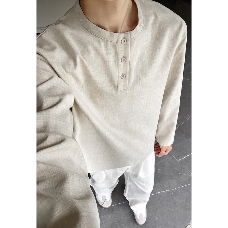 Embellish Knit - メンズカジュアルフェイクリネンヘンリーティー、長袖、3ボタンプラケット、リラックスフィット、バケーションスタイル、軽量シャツ