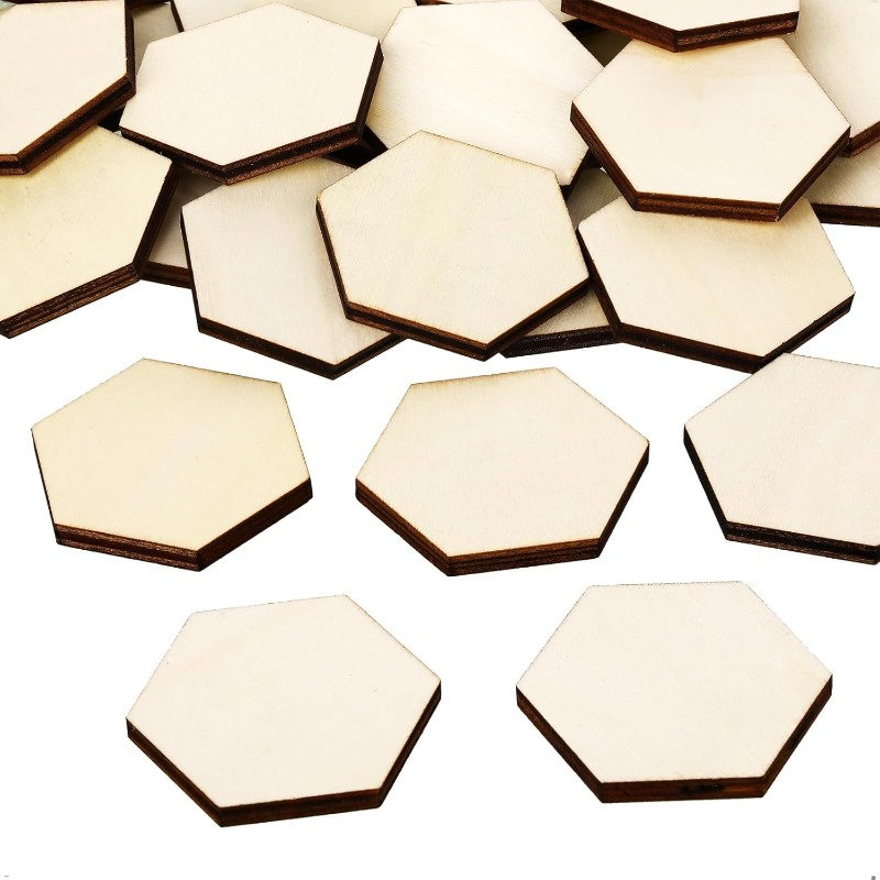 Craft Embellishments - 50個入り 4CM 未仕上げ木製六角形ピース 木製六角形カットアウト 無地の六角形スライス 木製チップ