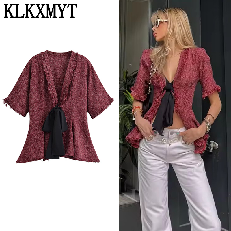 Tassel Fringe Trim - KLKXMYT エレガントなレースアップレディースシャツ セクシーなディープVネック半袖女性用シャツトップス 2026夏 シックなタッセルフリルブラウストップ