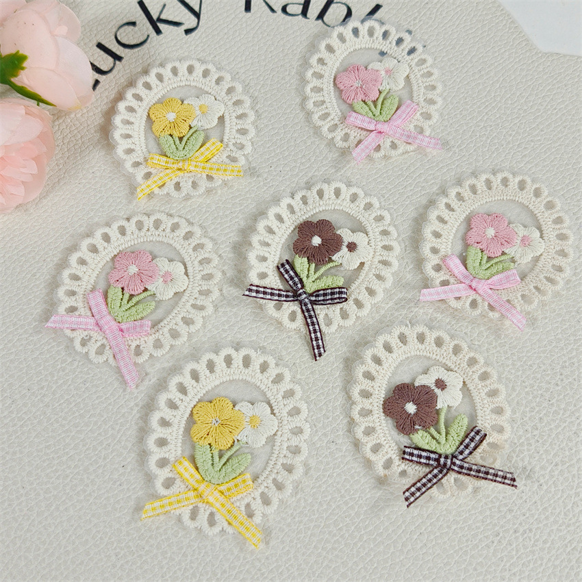 Applique Patch Flower - 10 個新作春夏フレッシュスタイルレースエッジオーバルボウ刺繍フラワーパッチアップリケ衣類修理パッチヘアアクセサリー