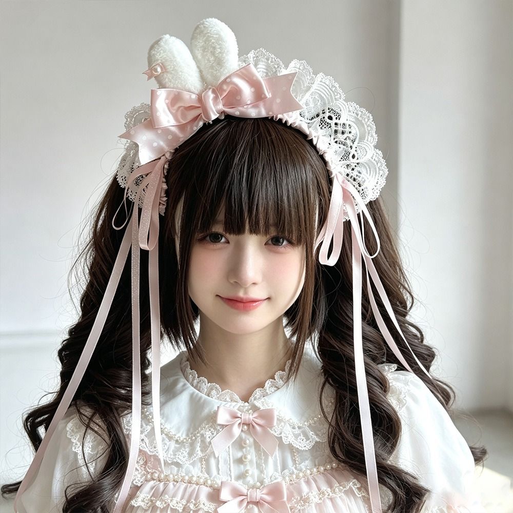 Lace Ribbon Trim - 新しいポルカドット柄のリボン付きバニー耳ヘッドバンド ミニバニー耳レーストリムリボンヘアバンド ロリータスタイルリボンヘッドバンド ヘアスタイリング