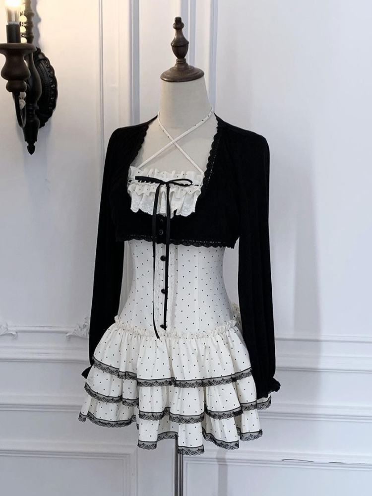 Elastic Lace Trim - コケットスウィート韓国風スクエアネックキャミソールドレスセット レディース ポルカドット レーストリム リボン フリル