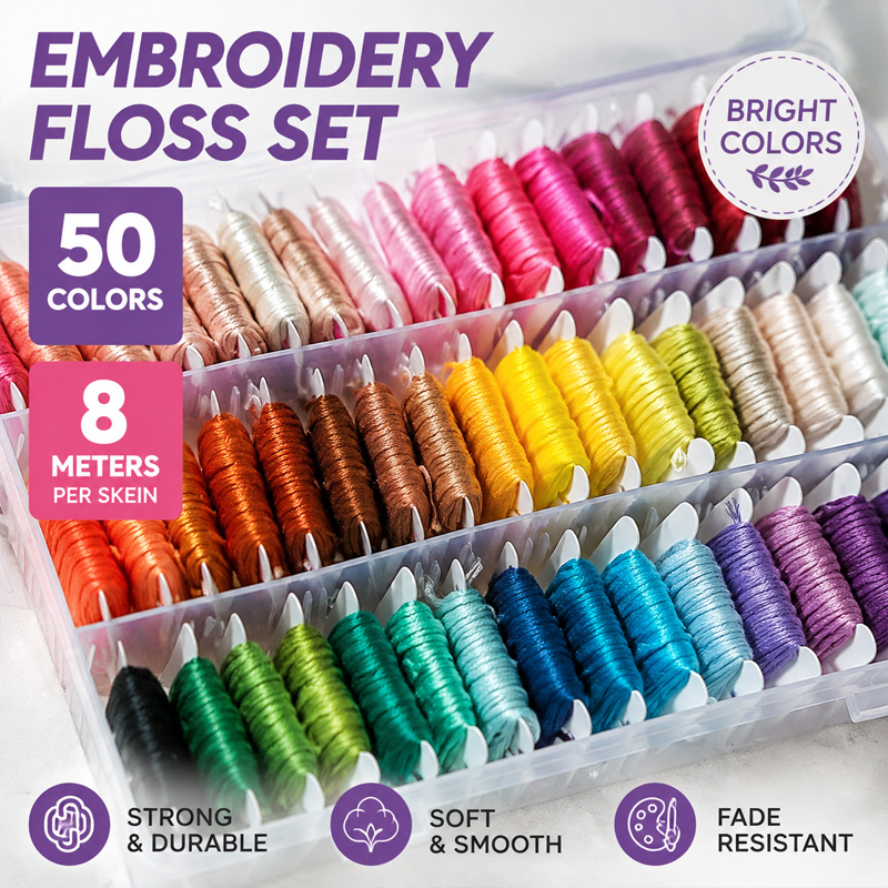 Embroidery Craft - 100%コットン刺繍糸キット、収納ケース付き、クロスステッチ、DIYクラフト、縫製、ニードルポイント、手作りプロジェクトに多用途