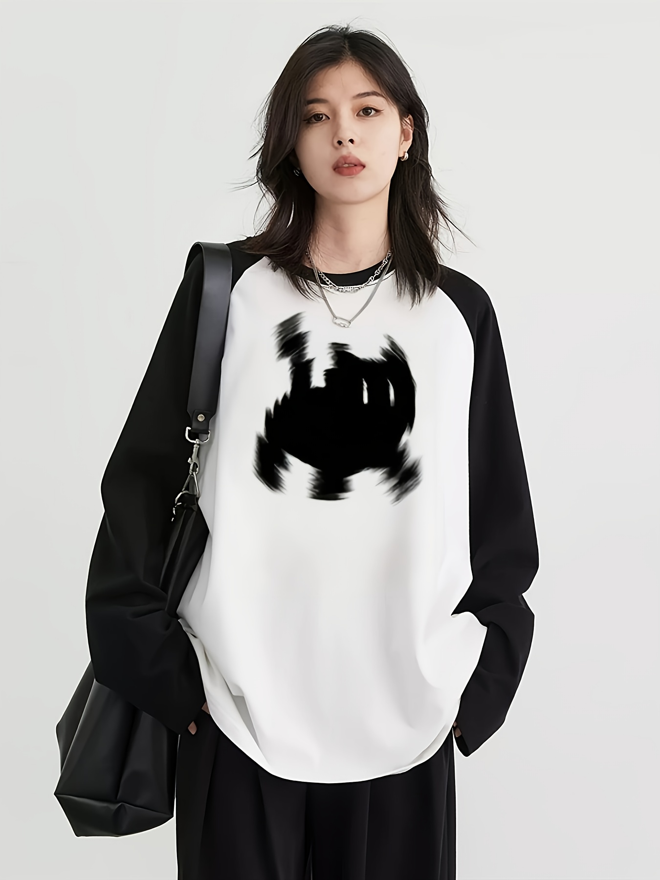 Embellish Knit - Y2K レディース ラグラン長袖 Tシャツ ブロック柄 かわいい猫グラフィック付き