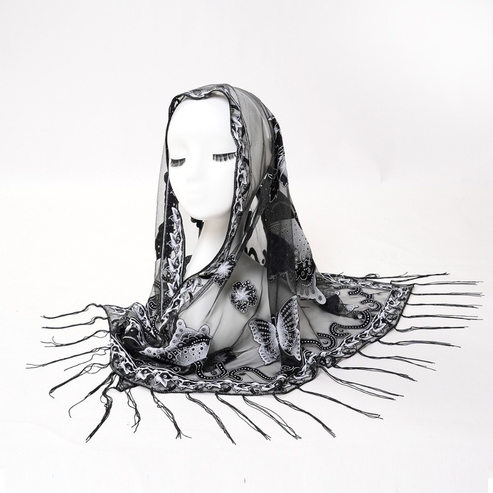 高級フラワーレース中空スカーフ蝶刺繍タッセル三角ショールラッ - Tassel Fringe Trim のレビューと価格