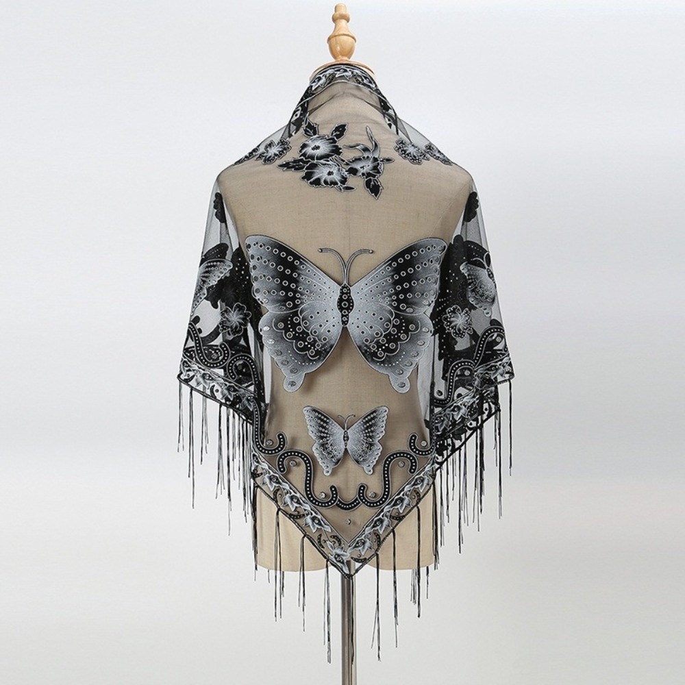 高級フラワーレース中空スカーフ蝶刺繍タッセル三角ショールラッ - Tassel Fringe Trim のレビューと価格