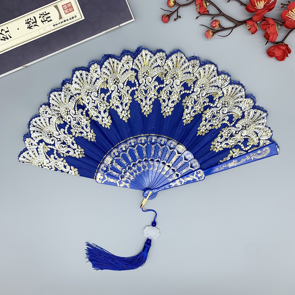 中国の工芸品レトロ折りたたみ式扇子、金色のレース模様とペンダ - Tassel Fringe Trim のレビューと価格