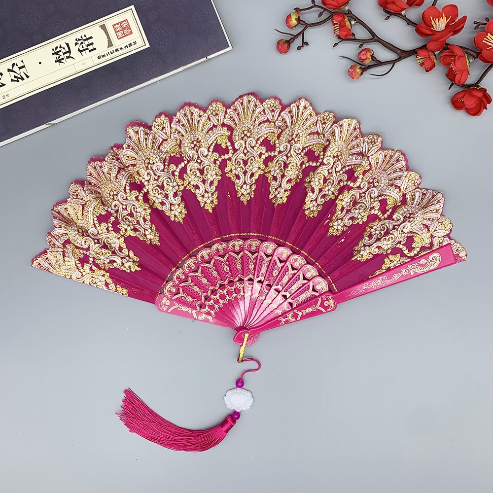 中国の工芸品レトロ折りたたみ式扇子、金色のレース模様とペンダ - Tassel Fringe Trim のレビューと価格