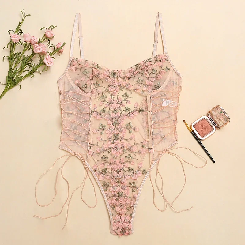 女性のセクシーなランジェリーボディスーツ花柄プリント刺繍透明 - Embroidery Embellishments のレビューと価格