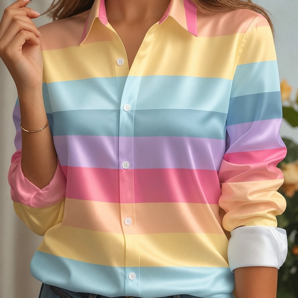 女性用サテンラペルカラーシャツ、パステルストライププリント、 - Embellish Knit のレビューと価格