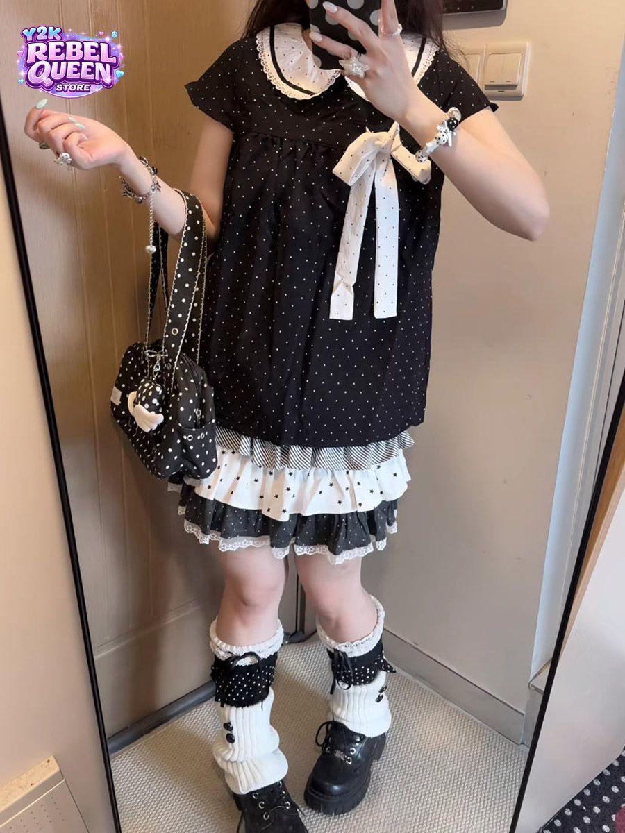 Y2Kカワイイ和風水玉柄ツーピースセット レディース ドール - Elastic Lace Trim のレビューと価格