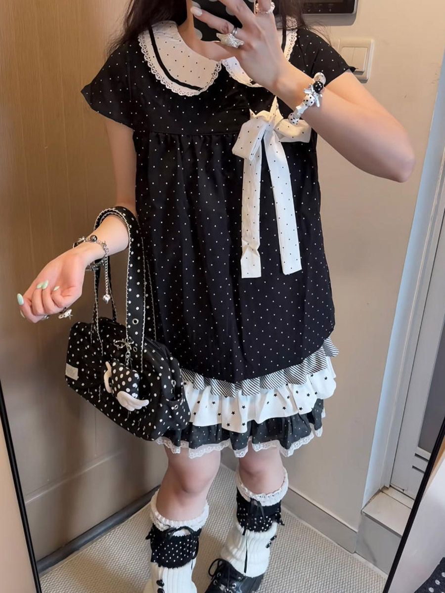 Y2Kカワイイ和風水玉柄ツーピースセット レディース ドール - Elastic Lace Trim のレビューと価格