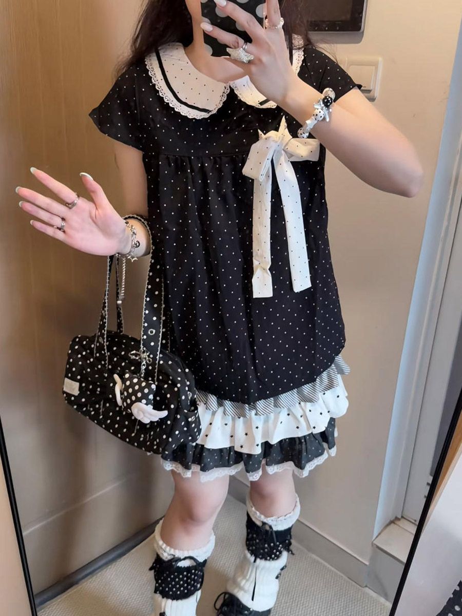 Y2Kカワイイ和風水玉柄ツーピースセット レディース ドール - Elastic Lace Trim のレビューと価格