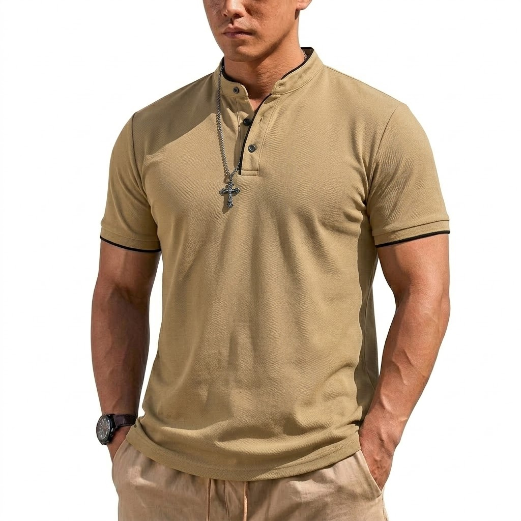 夏半袖ヘンリーシャツ男性ボタンポロシャツクラシック襟なし T - Embellish Knit のレビューと価格