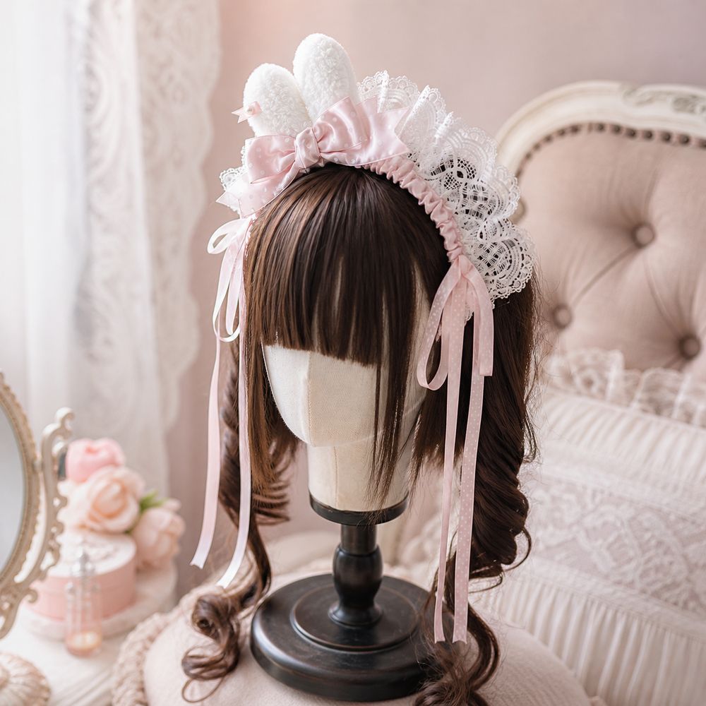 新しいポルカドット柄のリボン付きバニー耳ヘッドバンド ミニバ - Lace Ribbon Trim のレビューと価格