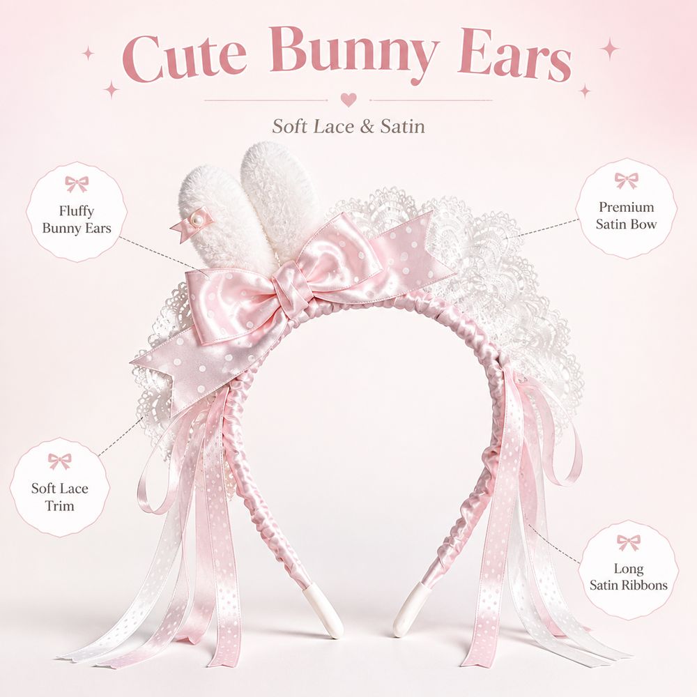 新しいポルカドット柄のリボン付きバニー耳ヘッドバンド ミニバ - Lace Ribbon Trim のレビューと価格